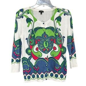 Talbots Art Deco Cardigan Sweater Sz L White Green Blue 3/4 Sleeve V-Neck Artsy